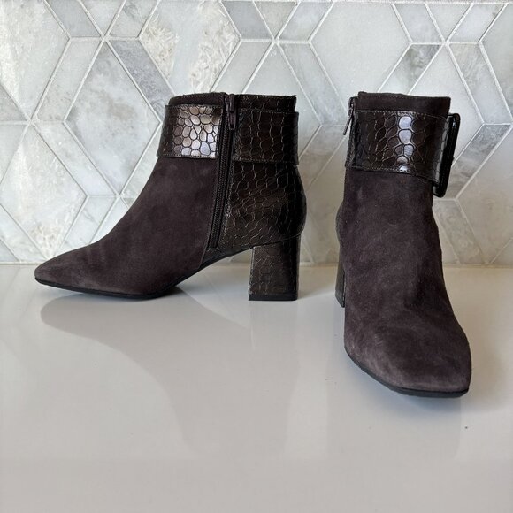 Ron White 38/7.5 Ankle Boot Zipper Block Heel Linzi Brown Croc Cashmere Suede - Picture 1 of 11